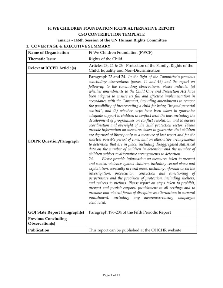 First page of FWCF's alternative report to the UN Human Rights Committee, 2026