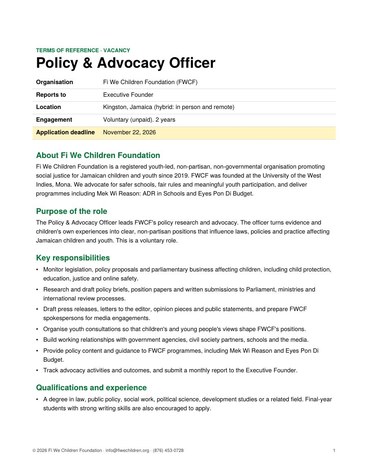 First page of the Terms of Reference for Policy and Advocacy Officer